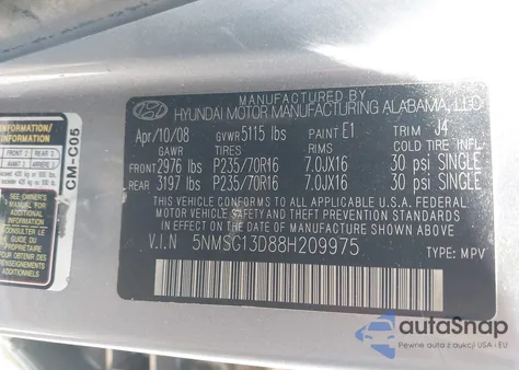 2008 Hyundai Santa Fe Gls из США, поврежденный, VIN 5NMSG13D88H209975